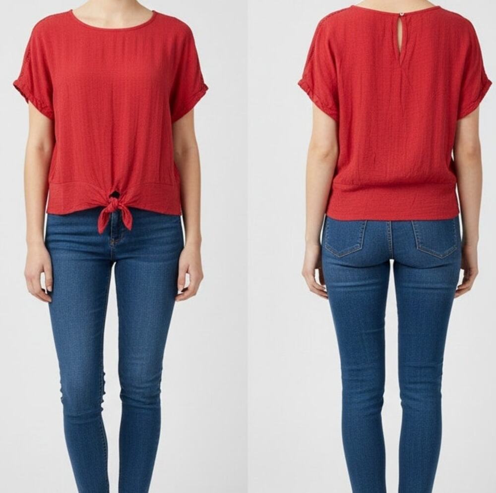 Buffalo David Bitton Womens Large Red Cap Sleeve Tie Waist Top 100% Viscose - Picture 1 of 12